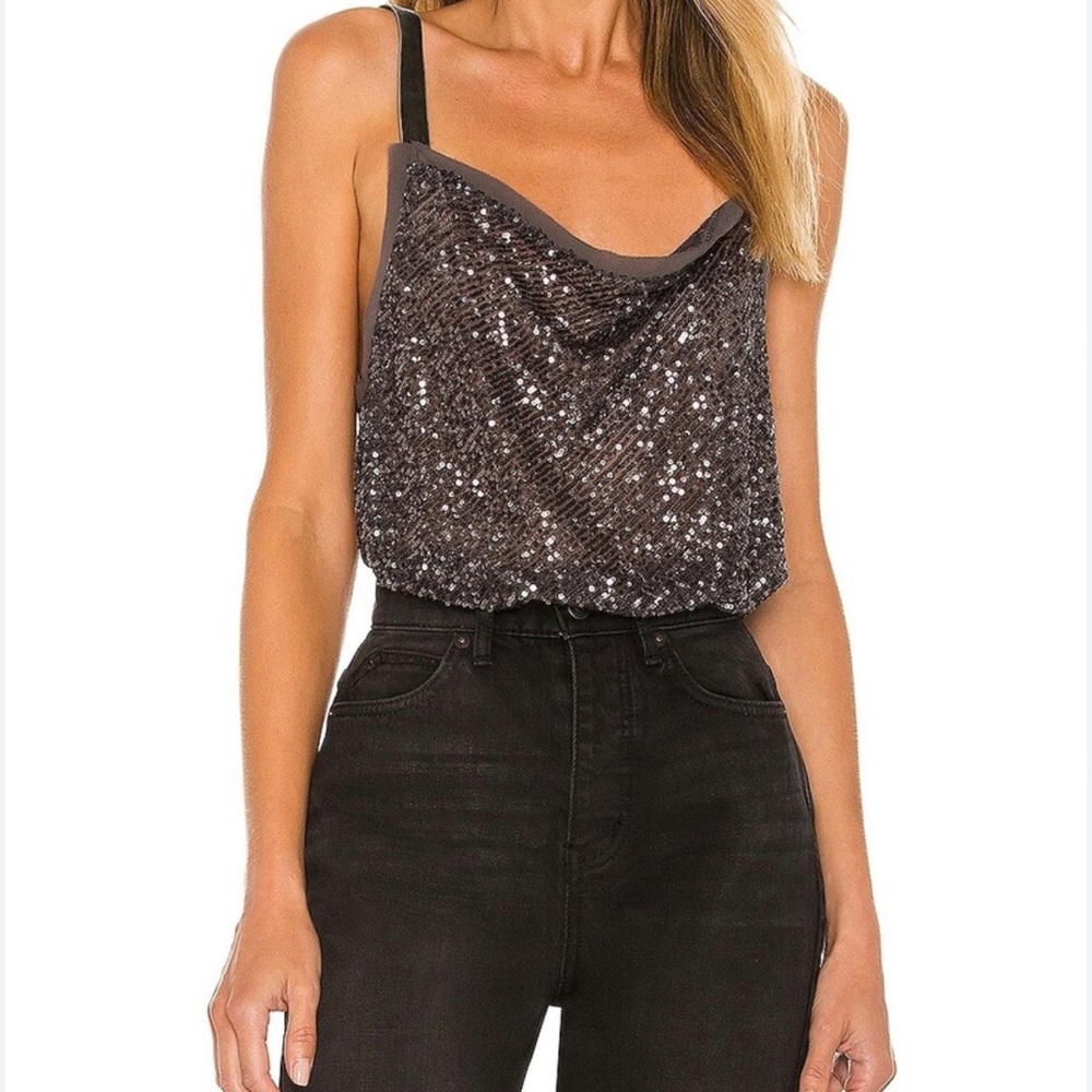 Free People Sequin Black Thong Bodysuit